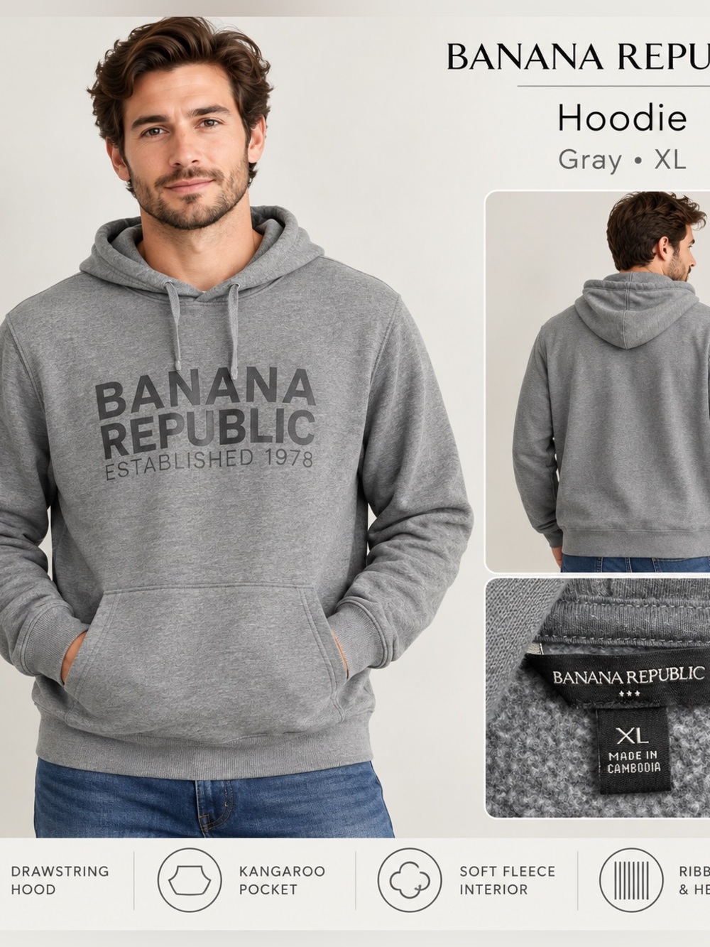 Banana Republic Established 1978 Graphic Hoodie Gray XL